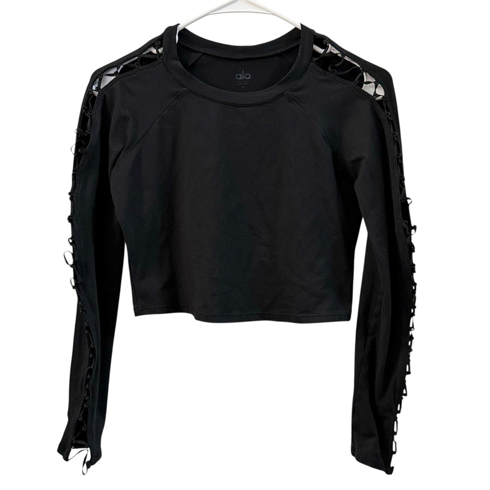 ALO Women’s Black Lace-Up Long Sleeve Crop Top